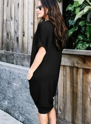 Casual Loose Solid Half Sleeve V Neck Dress With Pockets