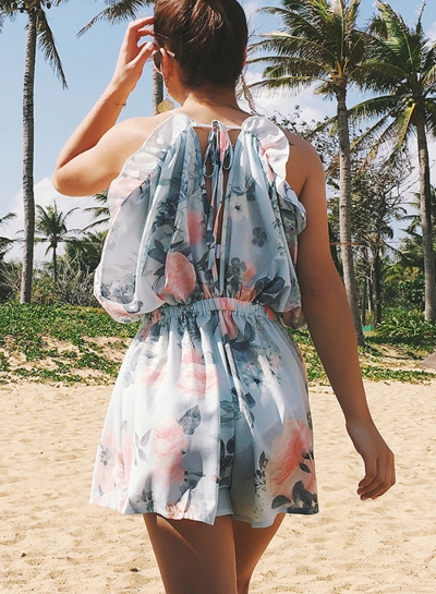 Summer Flounced Floral Printed Spaghetti Strap Wide Leg Women Rompers YOUYOUFASHIONEC.com