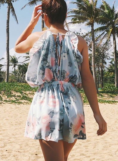 Summer Flounced Floral Printed Spaghetti Strap Wide Leg Women Rompers