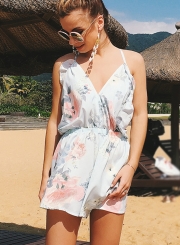 Summer Flounced Floral Printed Spaghetti Strap Wide Leg Women Rompers