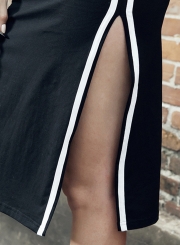 Slim Striped Color Blocked Short Sleeve Crop Waist Slit Dress