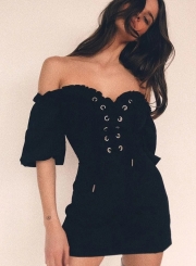 Eyelet Lace up Short Sleeve Off The Shoulder Slash Neck Mini Dress