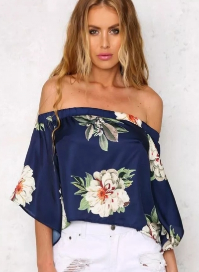Fashion Floral Printed Half Sleeve Off The Shoulder Women Slit Blouse