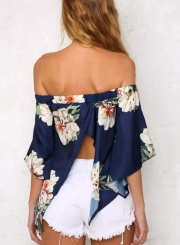 Fashion Floral Printed Half Sleeve Off The Shoulder Women Slit Blouse