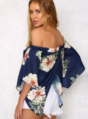 Fashion Floral Printed Half Sleeve Off The Shoulder Women Slit Blouse