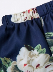 Fashion Floral Printed Half Sleeve Off The Shoulder Women Slit Blouse