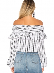 Sexy Sweet Long Sleeve Slash Neck Women Bow Blouse With Polka Dots