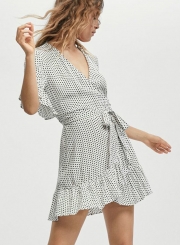 Summer Half Flounce Sleeve V Neck Tie Waist Women Dress With Polka Dots