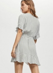 Summer Half Flounce Sleeve V Neck Tie Waist Women Dress With Polka Dots