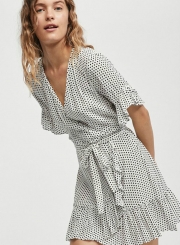 Summer Half Flounce Sleeve V Neck Tie Waist Women Dress With Polka Dots