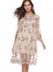 Fashion Lace Mesh Spicing Long Sleeve V Neck Dress With Sequins