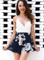 Sexy Lace Floral printed Spaghetti Strap Backless V Neck Rompers