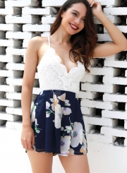 Sexy Lace Floral printed Spaghetti Strap Backless V Neck Rompers