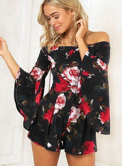 Fashion Sexy Floral Printed Off The Shoulder Flare Sleeve Women Jumpsuits LEXELFASHIONINTSHOPS.com