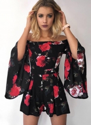 Fashion Sexy Floral Printed Off The Shoulder Flare Sleeve Women Jumpsuits