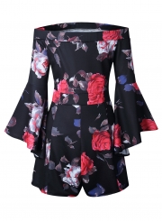 Fashion Sexy Floral Printed Off The Shoulder Flare Sleeve Women Jumpsuits