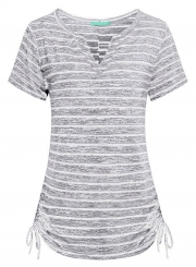 Summer Slim Striped Short Sleeve V Neck Tee Shirt With Drawstring