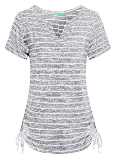 Summer Slim Striped Short Sleeve V Neck Tee Shirt With Drawstring LEXELFASHIONINTSHOPS.com