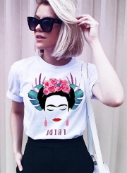 Summer Japanese Women Face Printed Short Sleeve Round Neck Women Tee Shirt