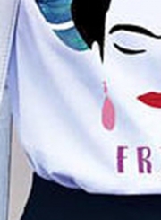 Summer Japanese Women Face Printed Short Sleeve Round Neck Women Tee Shirt
