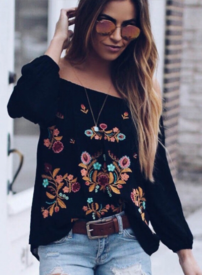 Sexy Embroidered Half Sleeve Slash neck Off The Shoulder Blouse YOUYOUFASHIONEC.com