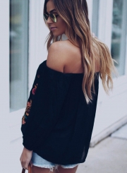 Sexy Embroidered Half Sleeve Slash neck Off The Shoulder Blouse