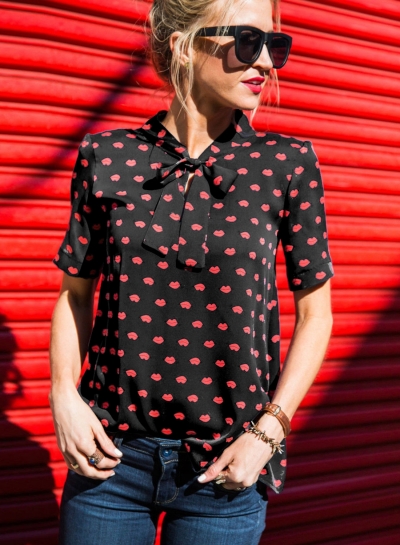 Casual Slim Short Sleeve Bow Collar Women Blouse With Lips Pattern YOUYOUFASHIONEC.com