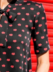 Casual Slim Short Sleeve Bow Collar Women Blouse With Lips Pattern