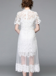 Fashion Slim Lace Spicing Short Sleeve Mock Neck Women Maxi Dress