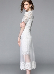 Fashion Slim Lace Spicing Short Sleeve Mock Neck Women Maxi Dress