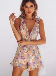Sexy Floral Printed Sleeveless Backless V Neck Wide leg Women Rompers