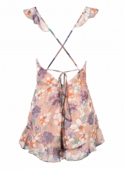 Sexy Floral Printed Sleeveless Backless V Neck Wide leg Women Rompers