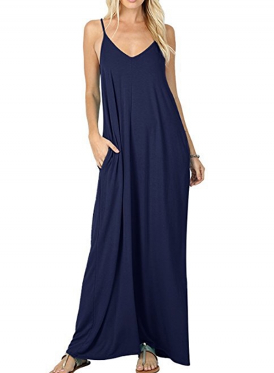 Solid Spaghetti Strap Sleeveless V Neck Maxi Dress With Pockets LEXELFASHIONINTSHOPS.com