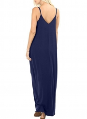 Solid Spaghetti Strap Sleeveless V Neck Maxi Dress With Pockets