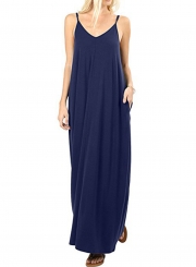 Solid Spaghetti Strap Sleeveless V Neck Maxi Dress With Pockets