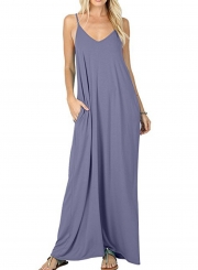 Solid Spaghetti Strap Sleeveless V Neck Maxi Dress With Pockets