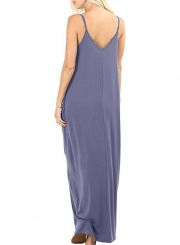 Solid Spaghetti Strap Sleeveless V Neck Maxi Dress With Pockets