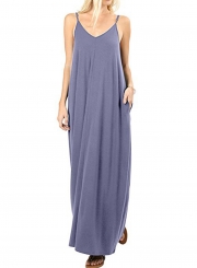 Solid Spaghetti Strap Sleeveless V Neck Maxi Dress With Pockets