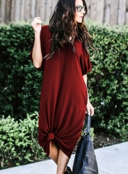 Casual Loose Solid Half Sleeve V Neck Dress With Pockets