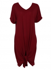 Casual Loose Solid Half Sleeve V Neck Dress With Pockets