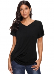 Black V-Neck Twist Ruched Basic Short Sleeve Tee