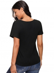 Black V-Neck Twist Ruched Basic Short Sleeve Tee