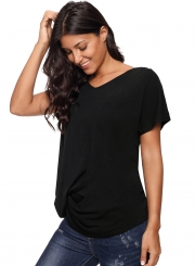 Black V-Neck Twist Ruched Basic Short Sleeve Tee