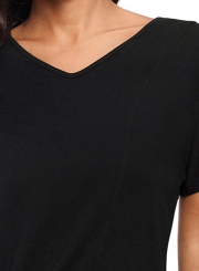 Black V-Neck Twist Ruched Basic Short Sleeve Tee