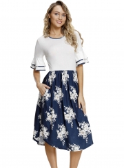 White Top Flora Skirt Layered Bell Sleeve Dress