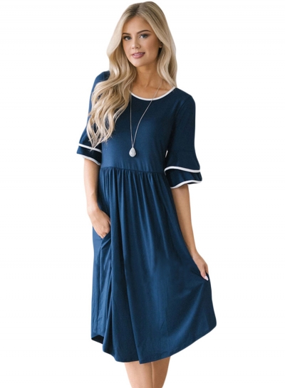 Slate Blue Layered Bell Sleeve Women Dress