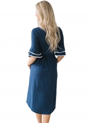 Slate Blue Layered Bell Sleeve Women Dress