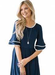 Slate Blue Layered Bell Sleeve Women Dress