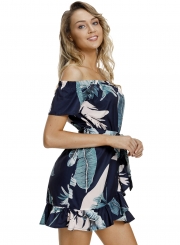 Tropical Leaf Print Navy Off Shoulder Summer Dress