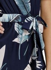 Tropical Leaf Print Navy Off Shoulder Summer Dress